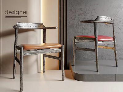 Modern Designer Dining Chairs Featuring Wooden Frame And Brown Red Leather Seats 3d model