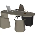 Modern Curved Office Desk With Laptop Desk Lamp And Two Upholstered Chairs