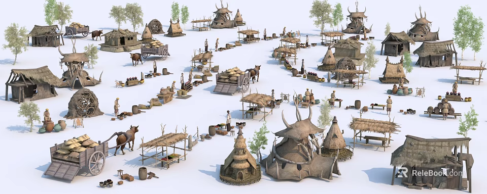 Traditional Tribal Village Scene With Thatched Huts Tents People Horses And Trees 3d model 