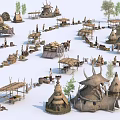 Traditional Tribal Village Scene With Thatched Huts Tents People Horses And Trees