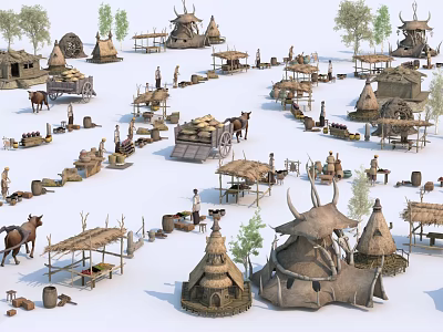 Traditional Tribal Village Scene With Thatched Huts Tents People Horses And Trees 3d model
