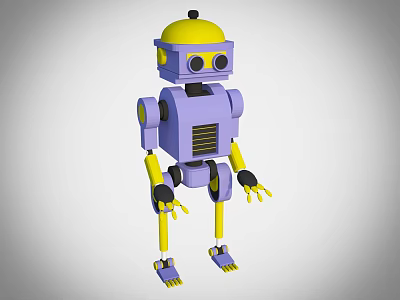 Cartoon Style 3D Robot Model With Purple Body Yellow Head Black Eyes And Yellow Limbs 3d model