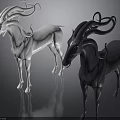 3D Mythical Creatures Sculptures White And Dark With Curved Spiral Horns