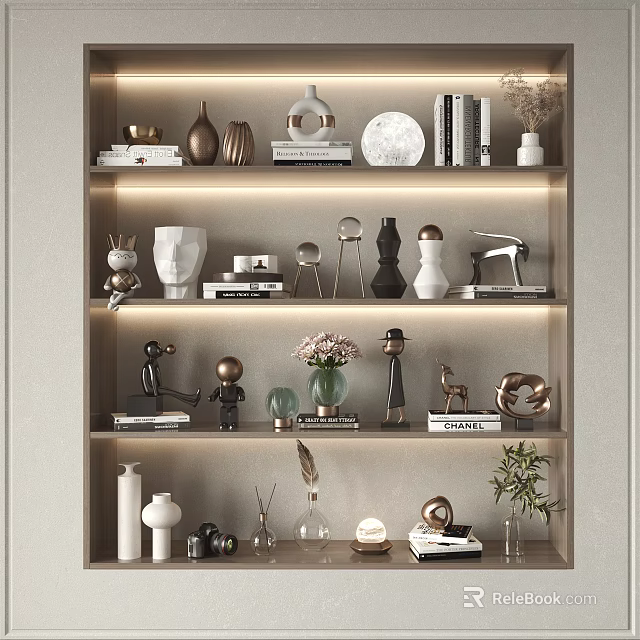 Modern Elegant Decorative Ornament Combinations With Vases Sculptures Books And Plants On Shelf 3d model 