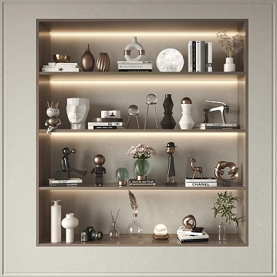 Modern Elegant Decorative Ornament Combinations With Vases Sculptures Books And Plants On Shelf 3d model