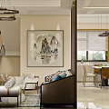 Modern Chinese Dining and Living Room Interior With Wooden Screen And Dining Table