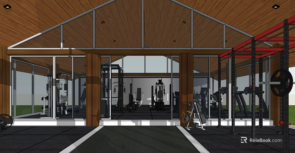 Modern Fitness Gym Interior With Glass Walls Wooden Ceiling And Workout Equipment 3d model 