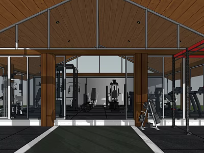 Modern Fitness Gym Interior With Glass Walls Wooden Ceiling And Workout Equipment 3d model