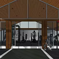 Modern Fitness Gym Interior With Glass Walls Wooden Ceiling And Workout Equipment