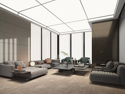 Modern Leisure Area With Gray Sofas Coffee Tables Green Plants And Large Windows 3d model