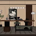 Elegant Home Office Interior With Long Wooden Desk Green Upholstered Bench Bookshelves And Pendant Lights