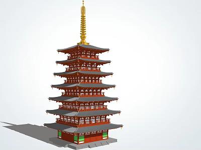 Traditional Red Pagoda with Multi Tiered Structure Golden Spire and Decorative Eaves 3d model