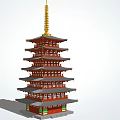 Traditional Red Pagoda with Multi Tiered Structure Golden Spire and Decorative Eaves