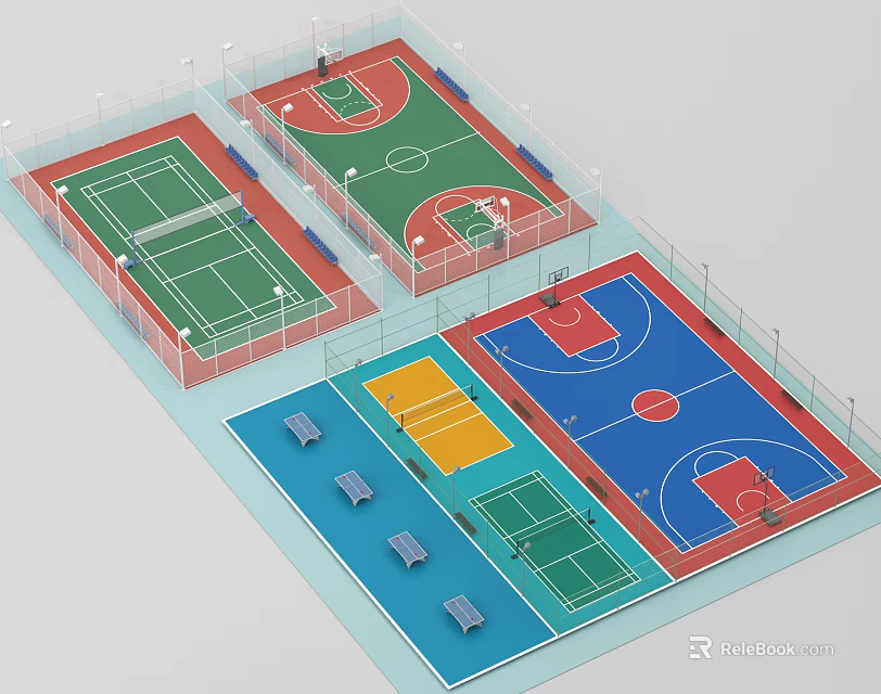 Basketball Gymnasium Featuring Multiple Colorful Courts Fencing And Seating Benches 3d model 