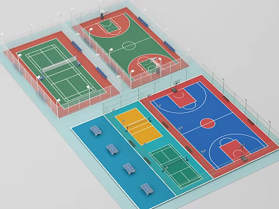 Basketball Gymnasium Featuring Multiple Colorful Courts Fencing And Seating Benches 3d model