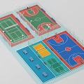 Basketball Gymnasium Featuring Multiple Colorful Courts Fencing And Seating Benches