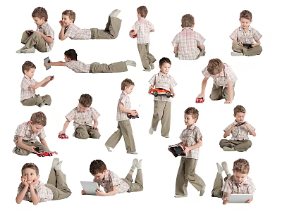 Multiple Young Boys in Different Poses Playing with Toy Cars and Tablet Devices 3d model