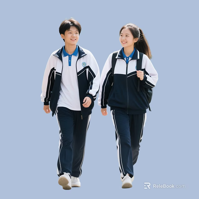 Two Teenage Students Walking Together In School Uniforms With Backpacks 3d model 