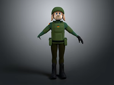 German Shepherd Dog In Green Military Uniform With Helmet National Badge And Standing Pose 3d model