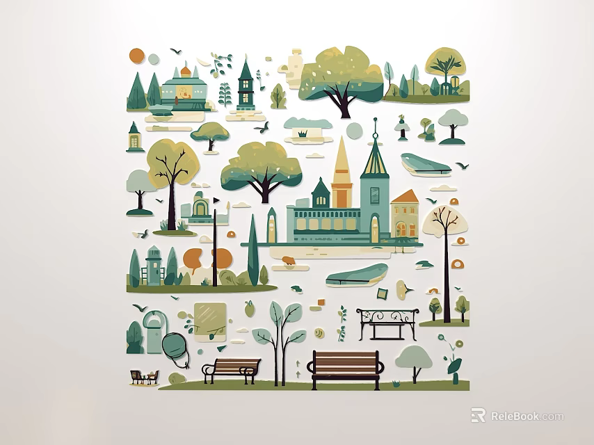 Floral Display Design in Park Featuring Castle Trees Benches and Natural Elements 3d model