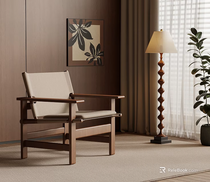 Comfortable Leisure Chair with Wooden Frame and Beige Cushion Near Floor Lamp and Green Plant 3d model 
