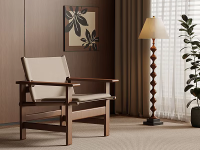 Comfortable Leisure Chair with Wooden Frame and Beige Cushion Near Floor Lamp and Green Plant 3d model