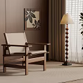 Comfortable Leisure Chair with Wooden Frame and Beige Cushion Near Floor Lamp and Green Plant