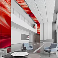 Modern Spacious Office Reception Area With Stunning Red Art Installations And Comfortable Visitor Lounge Furniture