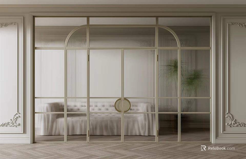 Elegant Modern Sliding Doors Interior Design in Living Room with Tufted Sofa Plants Herringbone Floor 3d model 