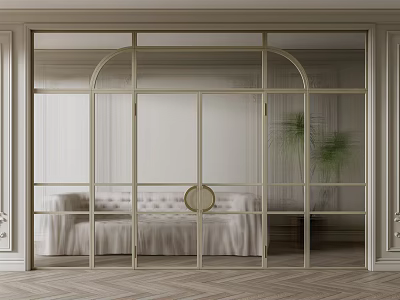 Elegant Modern Sliding Doors Interior Design in Living Room with Tufted Sofa Plants Herringbone Floor 3d model
