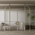 Elegant Modern Sliding Doors Interior Design in Living Room with Tufted Sofa Plants Herringbone Floor