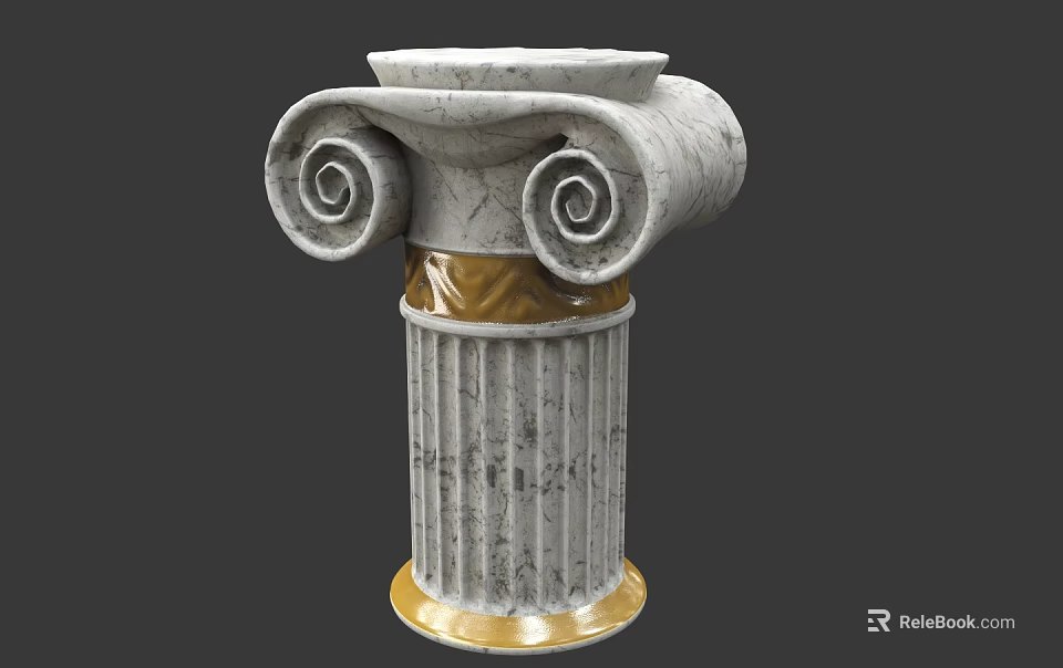 Ornate Classical Column With Spiral Volutes Fluted Shaft Marble Texture And Golden Band 3d model 
