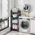 Home Balcony Laundry Setup With Washing Machine Shelf Cleaning Supplies Green Plant And Marble Wall