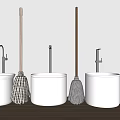 Three White Washbasins With Faucets And Mops On Wooden Handles Arranged In Row