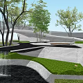Modern Garden Landscape with Geometric Architectural Structures Trees and Water Features 3d model