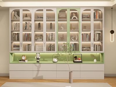 Modern White And Green Bookcase With Glass Doors Books Decorations Lighting And Drawers 3d model
