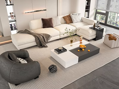 Modern Sofa and Coffee Table Set with Plush Cushions Throw Blanket and Decorative Items 3d model