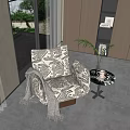 Patterned Accent Chair with Knitted Blanket Potted Plant on Side Table and Garden View Window
