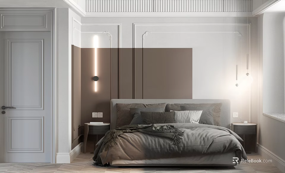 Modern Bedroom Interior Design With Brown White Bedhead Wall Gray Bedding Nightstands And Wooden Floor 3d model 