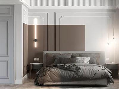 Modern Bedroom Interior Design With Brown White Bedhead Wall Gray Bedding Nightstands And Wooden Floor 3d model