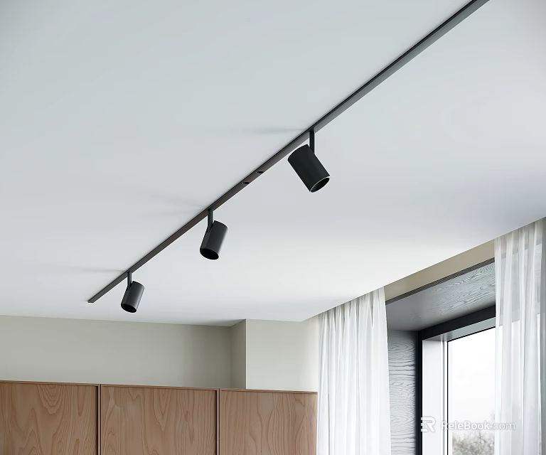 Track Spotlights Ceiling Mounted in Modern Interior with Wooden Cabinets and Window Curtains 3d model 