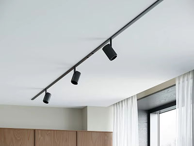 Track Spotlights Ceiling Mounted in Modern Interior with Wooden Cabinets and Window Curtains 3d model