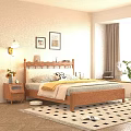 Cozy Wooden Double Bed with Scalloped Headboard Bedside Table Lamp and Wall Art