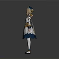 Anime Character With Blonde Twin Ponytails White Dress Blue Gold Accents Ruffled Cuffs Bow Shoes