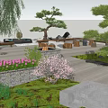 Garden Landscape Featuring Wooden Deck Stone Fire Pit Sculpted Pine Tree And Metal Art Installation