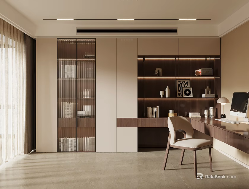Modern Study Room Interior With Built in Bookshelves Wooden Desk And Computer 3d model 