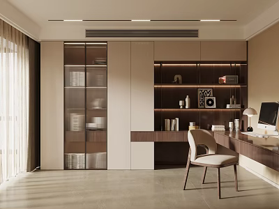 Modern Study Room Interior With Built in Bookshelves Wooden Desk And Computer 3d model