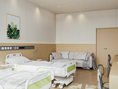 Modern Hospital Ward Interior With Comfortable Beds Green Plant Painting And Wooden Decor 3d model