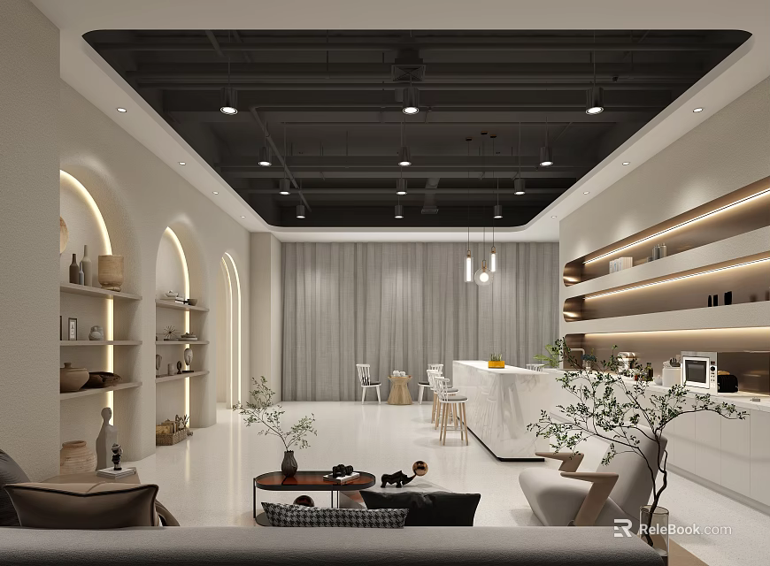 Elegant Modern Break Room Interior With Sofa Coffee Table Shelves And Green Plants 3d model 