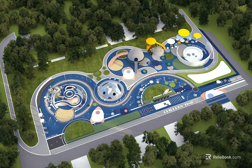 Modern Kids Playground Design With Colorful Play Structures Circular Areas And Green Trees 3d model 
